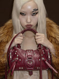 Cherry Red Studded Moto Top Handle Bag with Multi-Zip & Buckle Detail