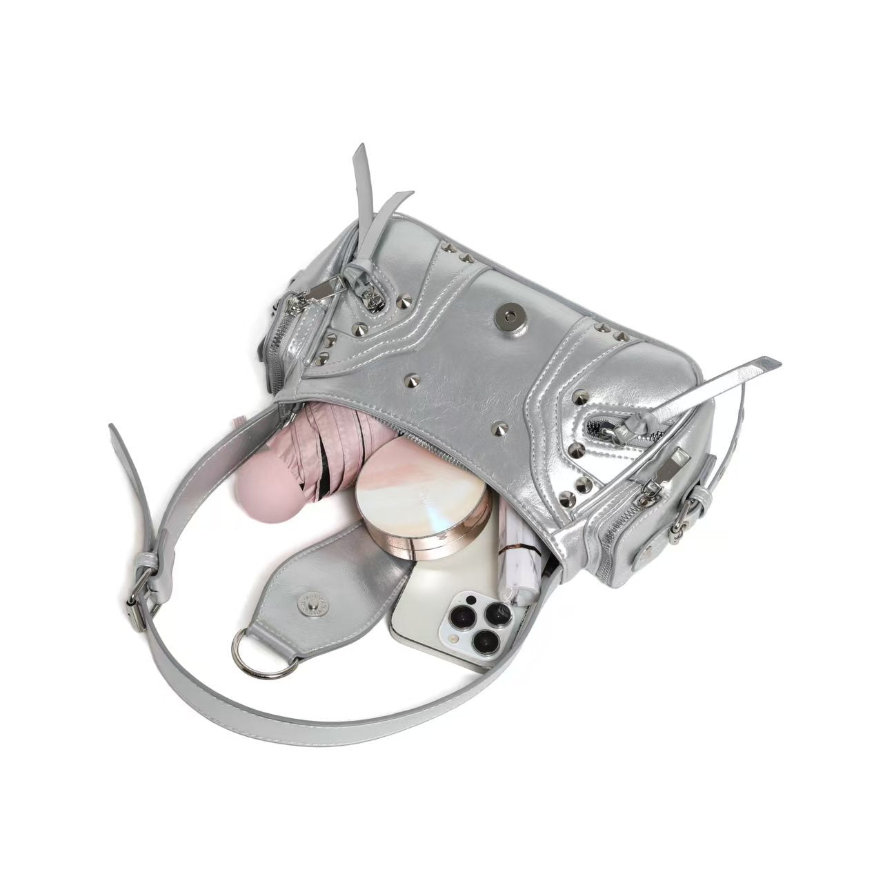 Silver Metallic Moto Biker Shoulder Bag with Multi-Zip & Stud Detail