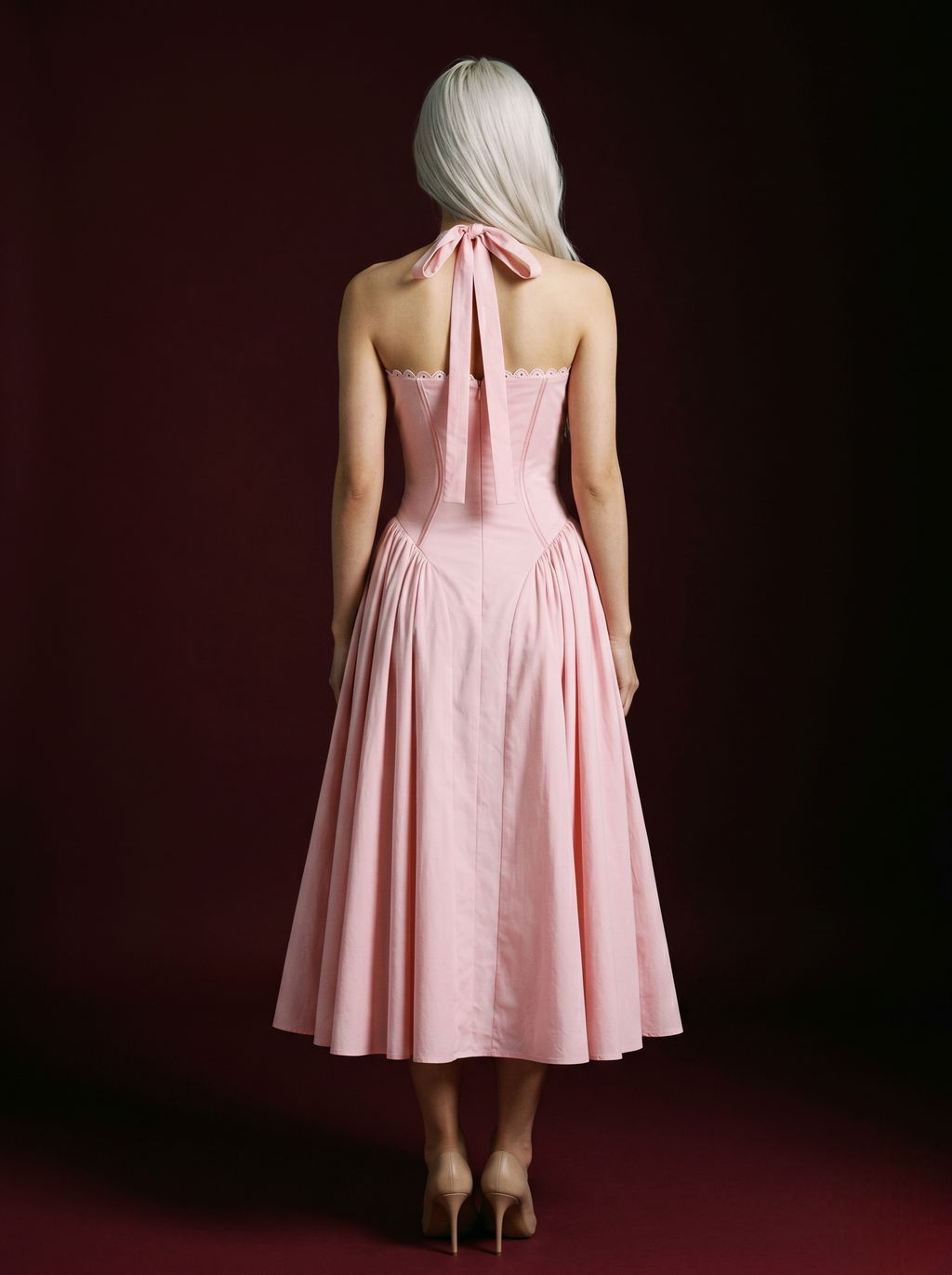 Blush Pink Halter Corset Bow-Tie Flared Midi Dress