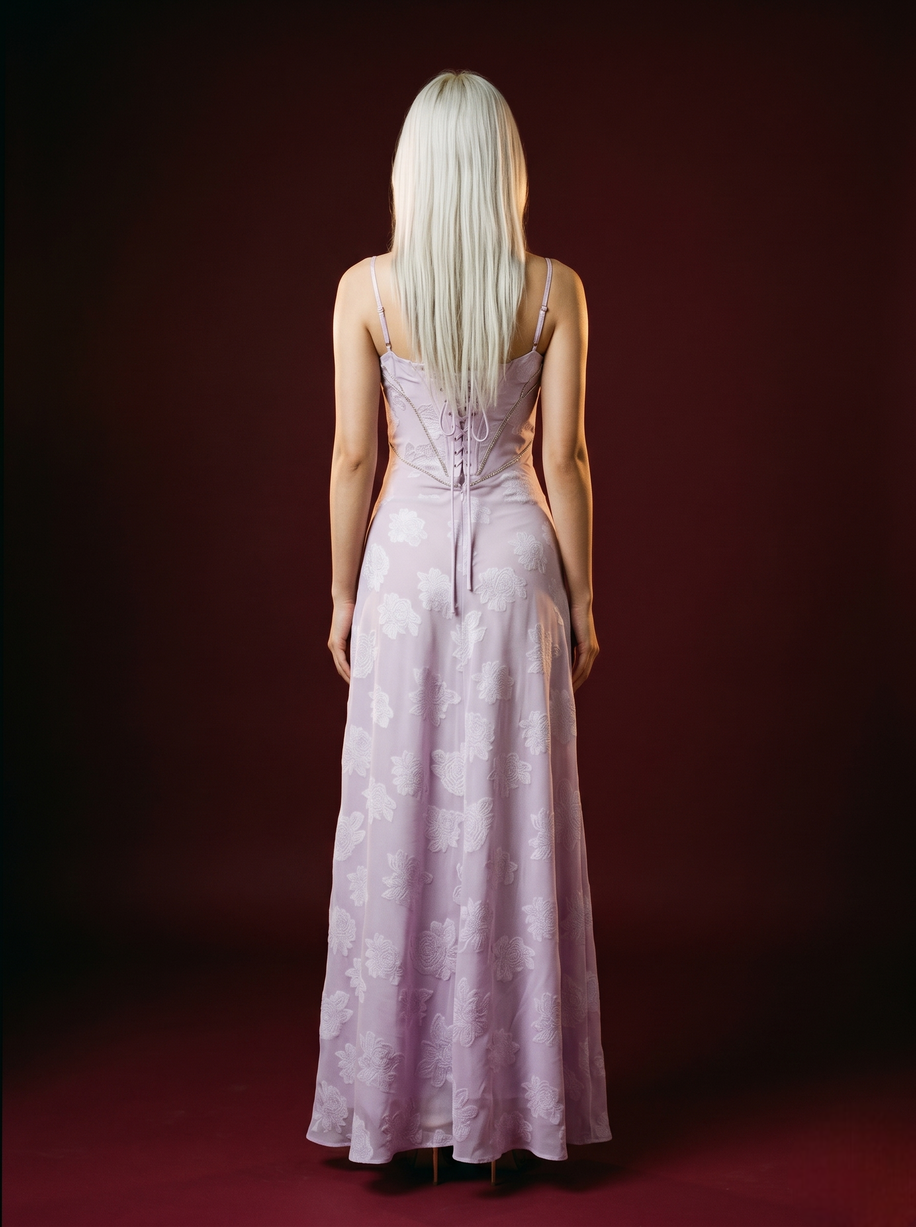 Lavender Floral Jacquard Rhinestone Seam Spaghetti Strap Maxi Dress