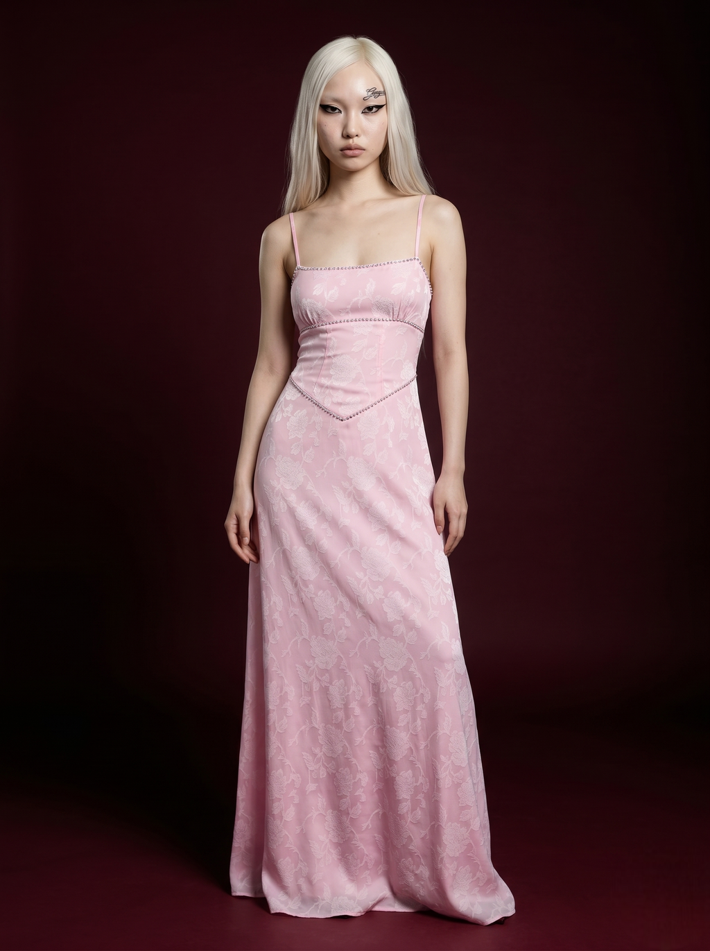 Baby Pink Floral Jacquard Rhinestone Seam Spaghetti Strap Maxi Dress