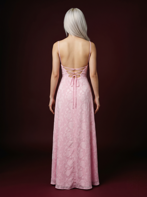 Baby Pink Floral Jacquard Rhinestone Seam Spaghetti Strap Maxi Dress
