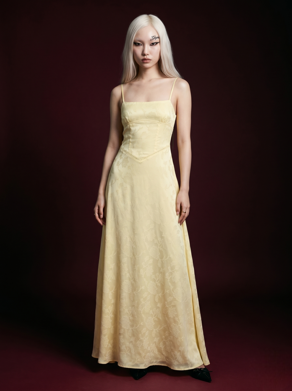 Butter Yellow Floral Jacquard Spaghetti Strap Square Neck Maxi Dress