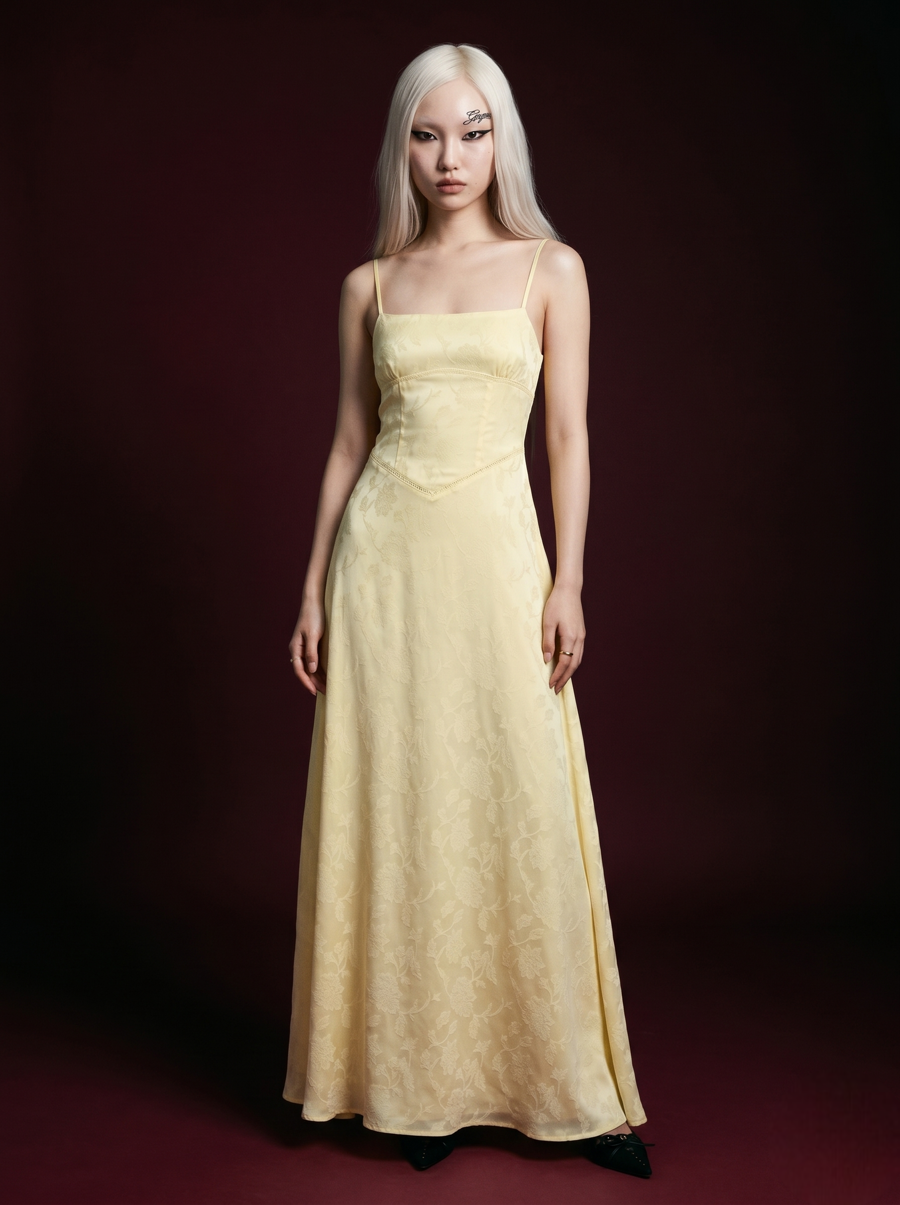 Butter Yellow Floral Jacquard Spaghetti Strap Square Neck Maxi Dress