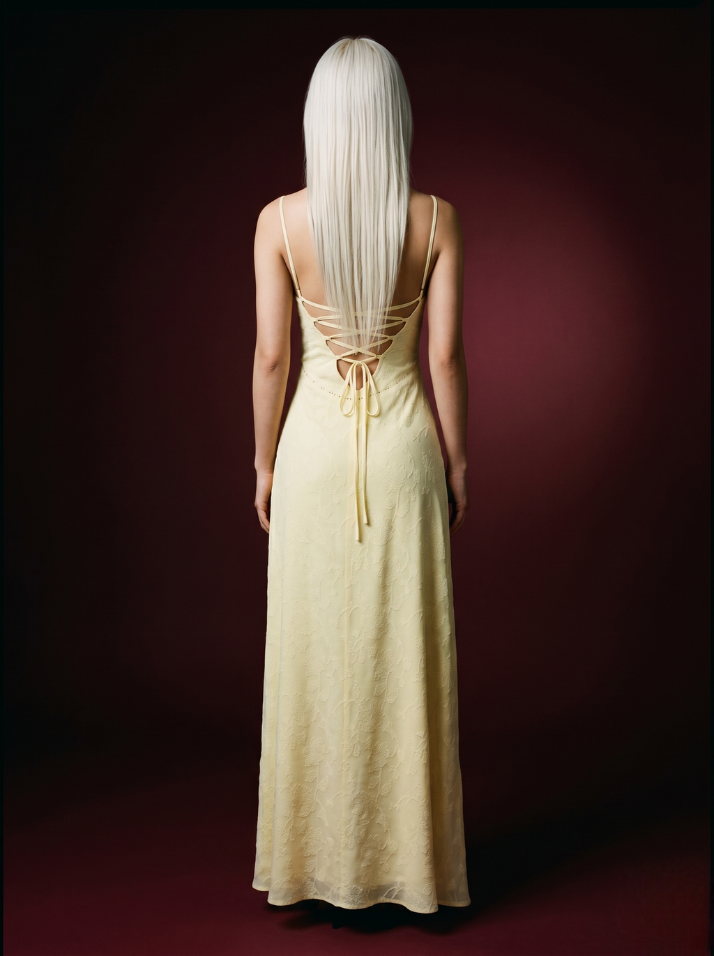 Butter Yellow Floral Jacquard Spaghetti Strap Square Neck Maxi Dress