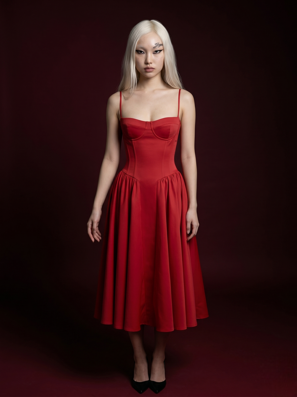 Red Spaghetti Strap Corset Bustier Flared Midi Dress