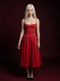 Red Spaghetti Strap Corset Bustier Flared Midi Dress