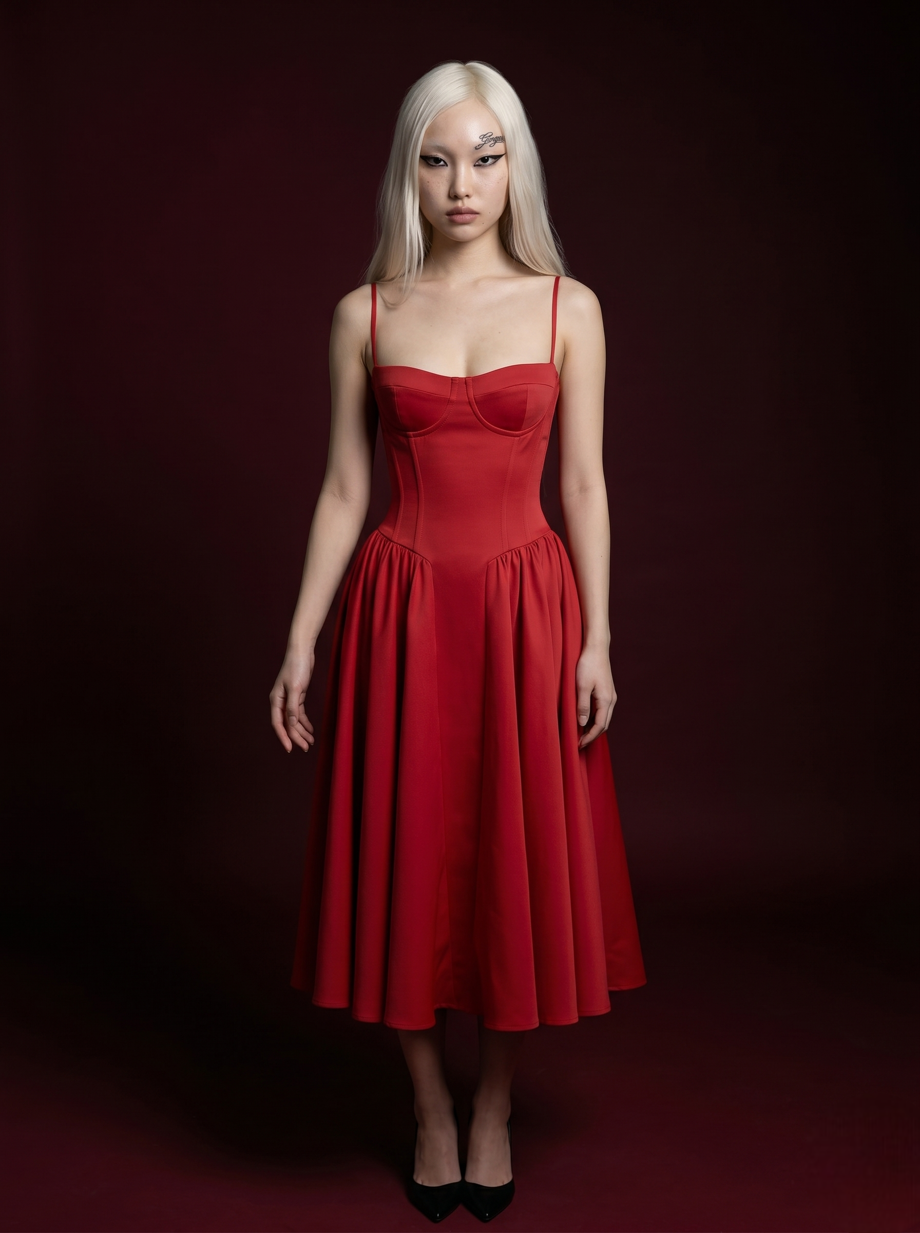 Red Spaghetti Strap Corset Bustier Flared Midi Dress