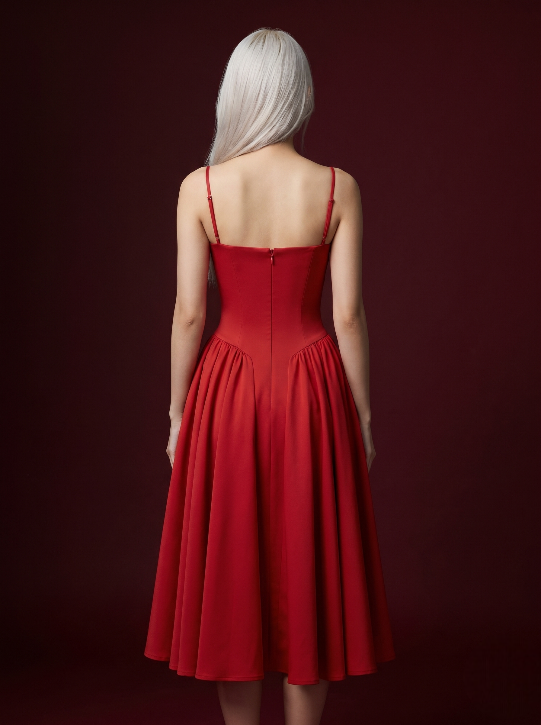 Red Spaghetti Strap Corset Bustier Flared Midi Dress