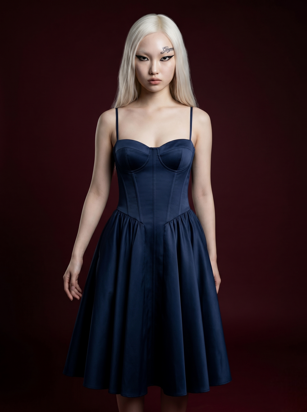 Navy Blue Spaghetti Strap Corset Bustier Flared Mini Dress