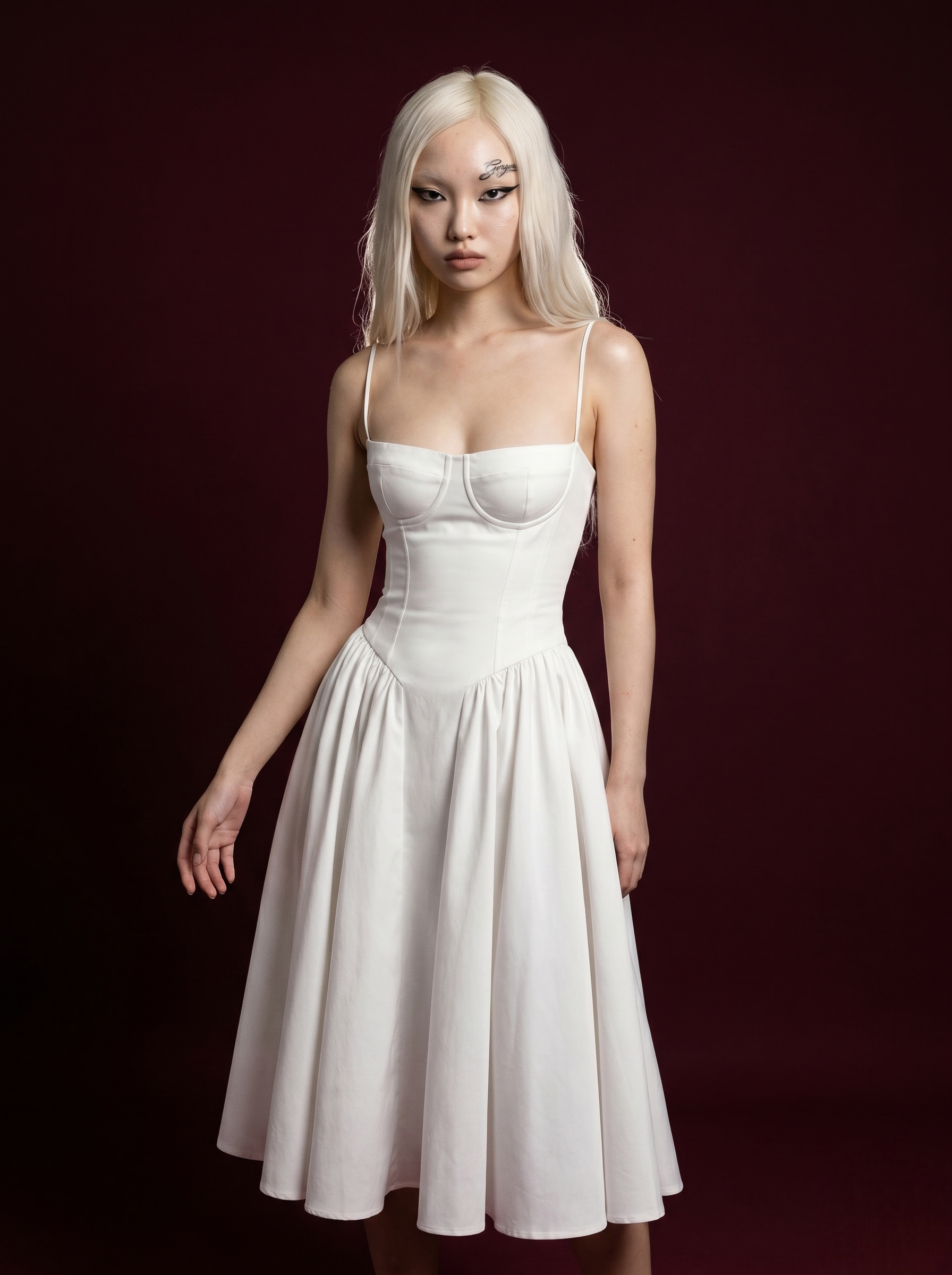 White Spaghetti Strap Corset Bustier Flared Midi Dress