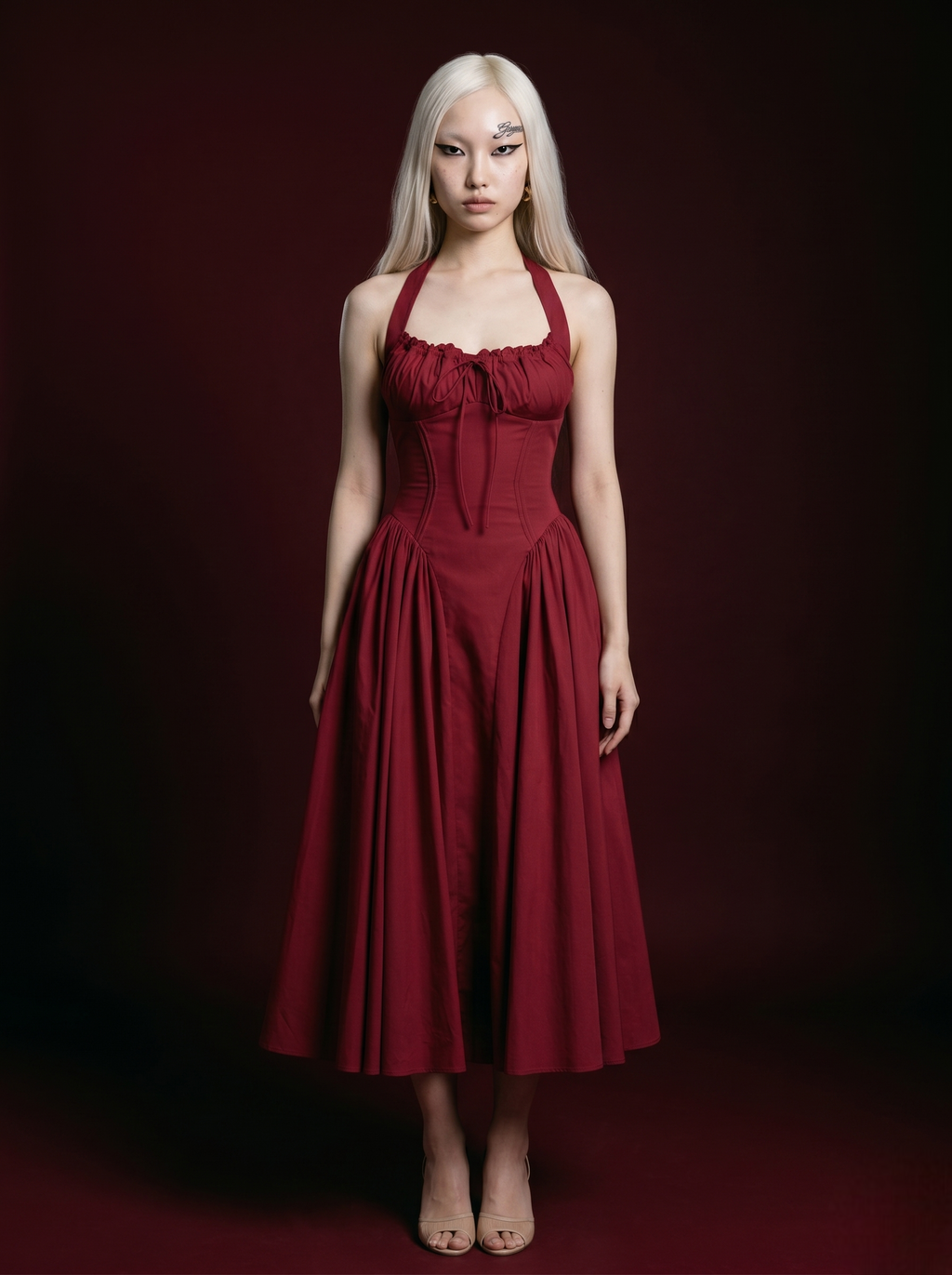 Burgundy Halter Corset Bow-Tie Flared Midi Dress