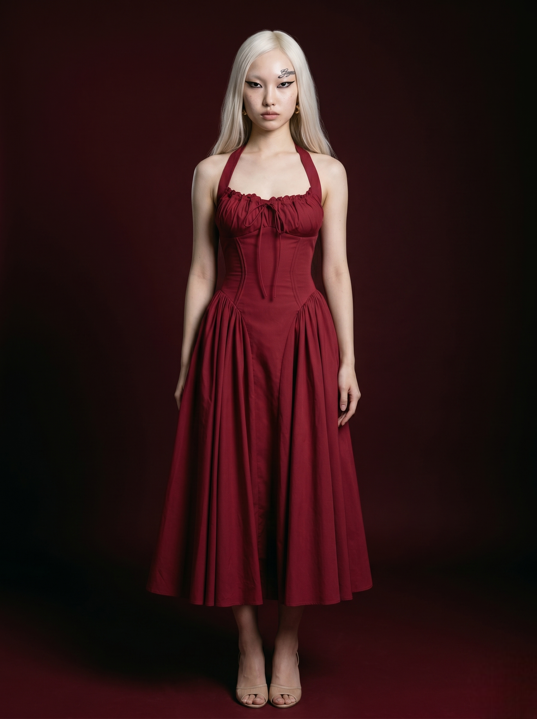 Burgundy Halter Corset Bow-Tie Flared Midi Dress