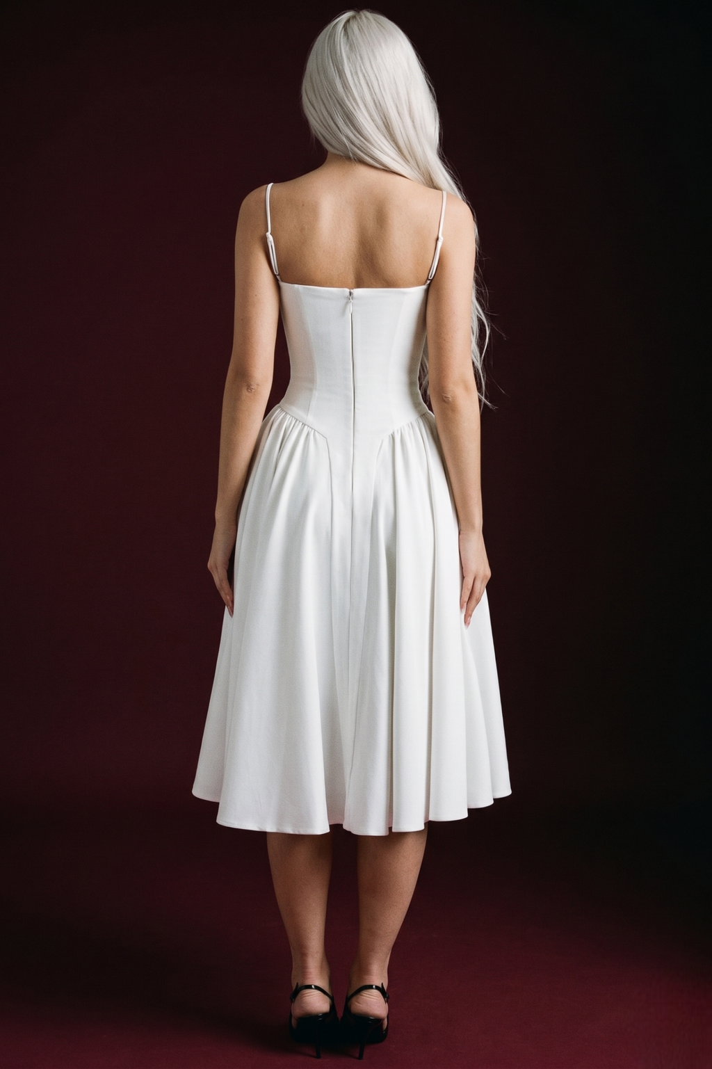White Spaghetti Strap Corset Bustier Flared Midi Dress