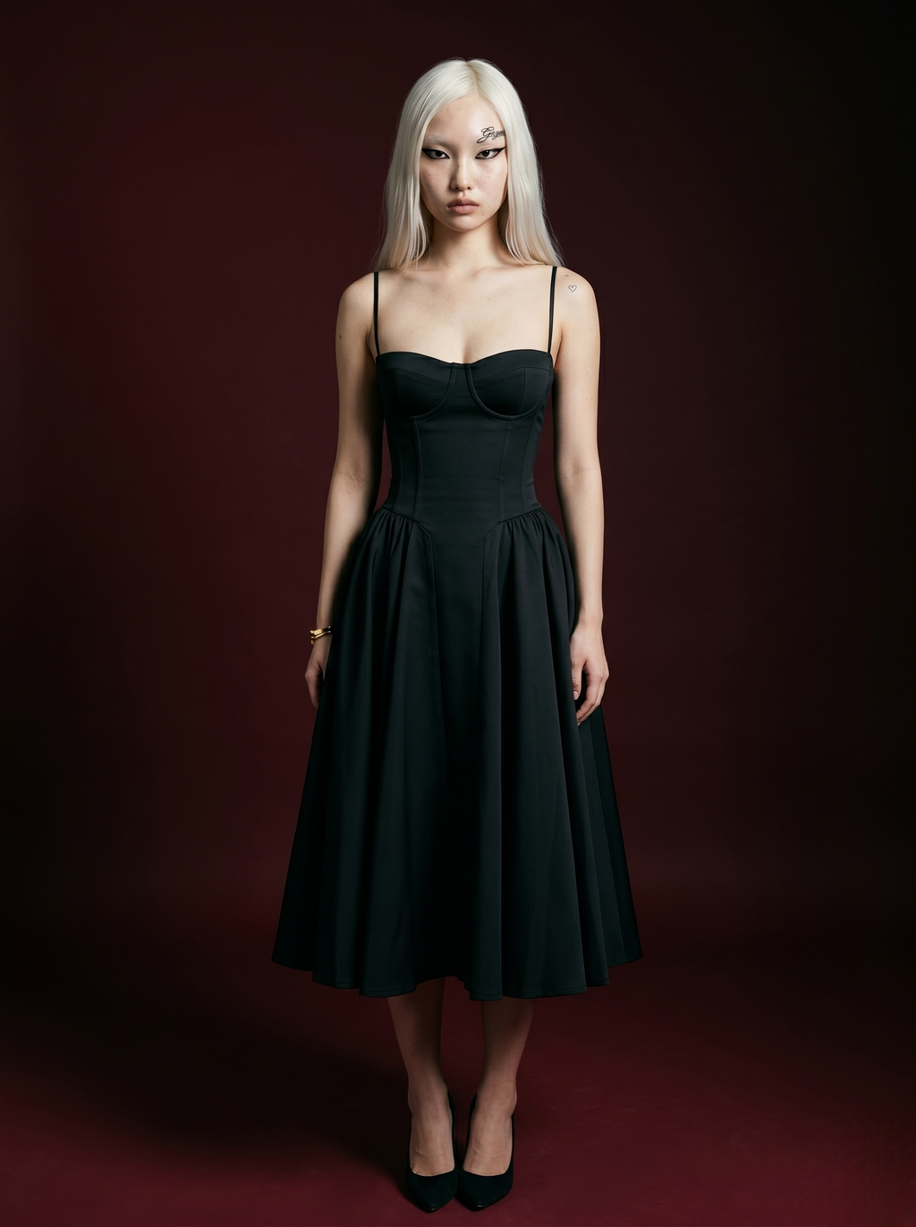 Black Spaghetti Strap Corset Bustier Flared Midi Dress