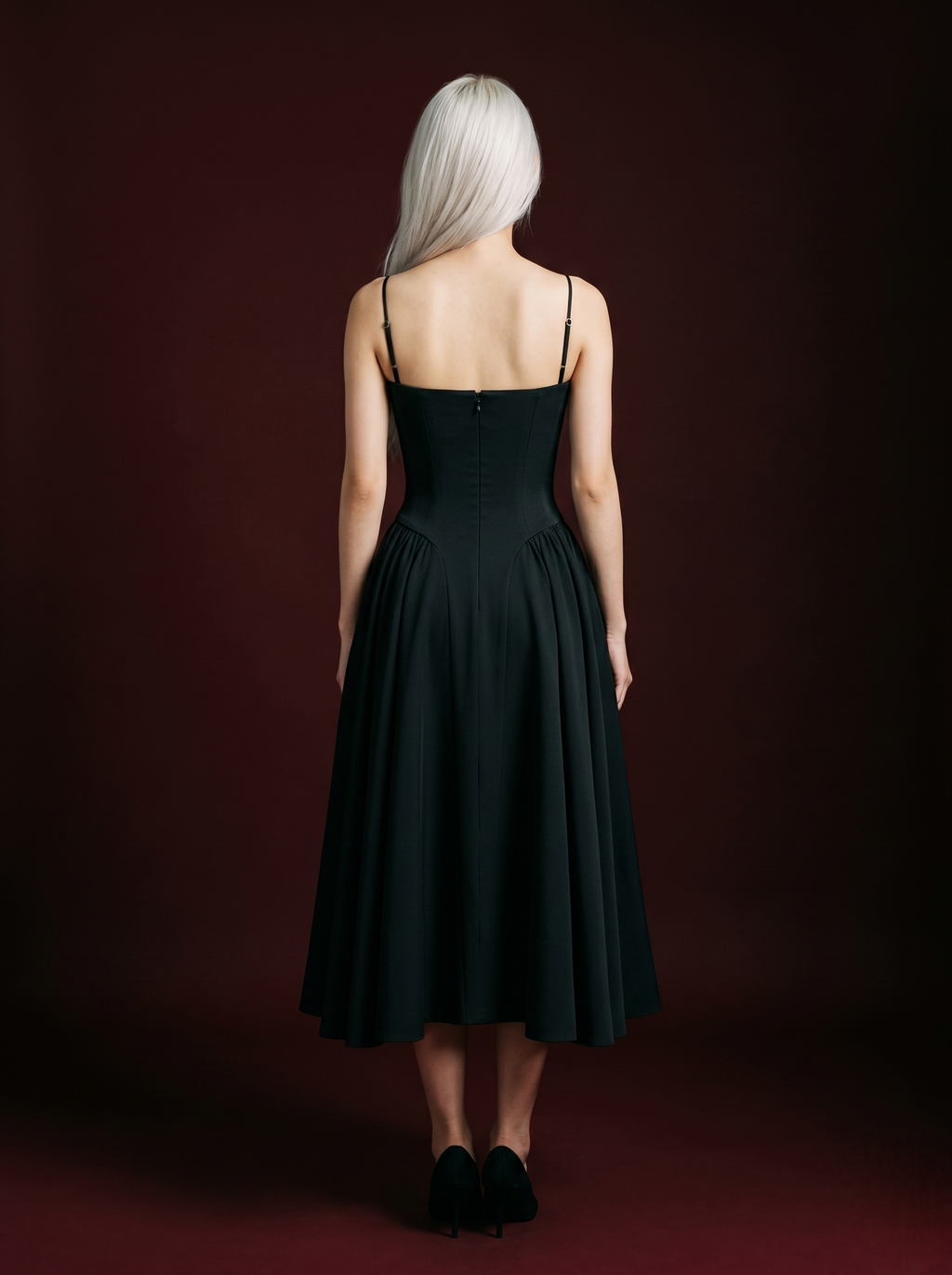 Black Spaghetti Strap Corset Bustier Flared Midi Dress