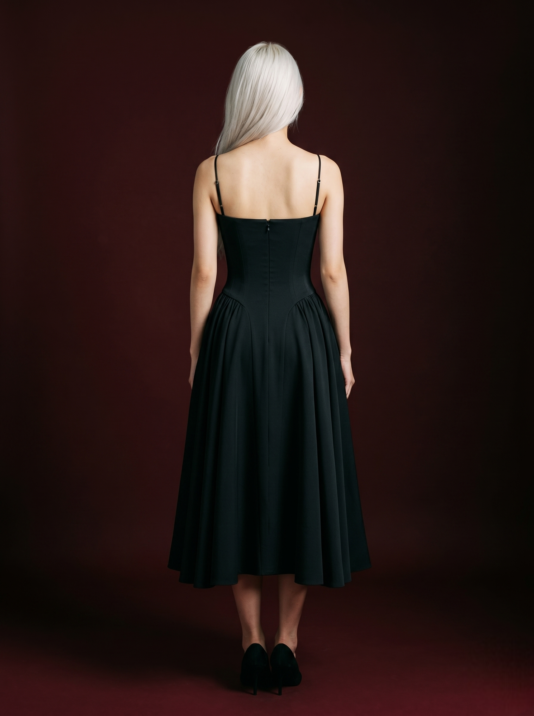 Black Spaghetti Strap Corset Bustier Flared Midi Dress