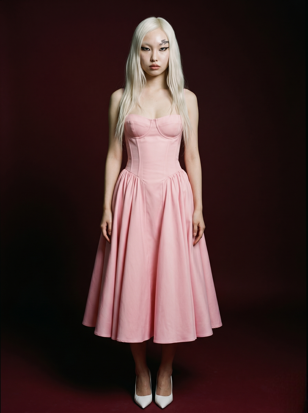 Baby Pink Strapless Corset Bustier Flared Midi Dress