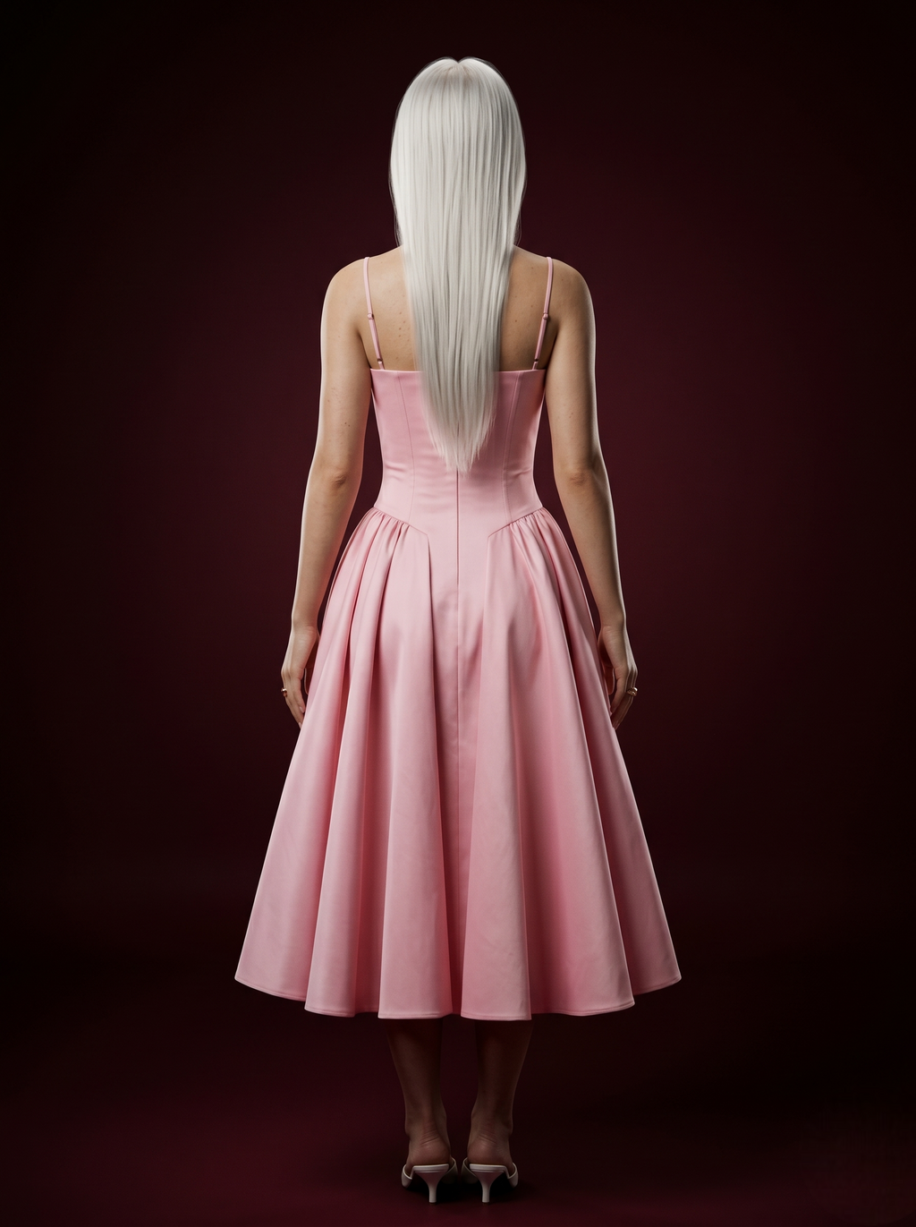 Baby Pink Strapless Corset Bustier Flared Midi Dress