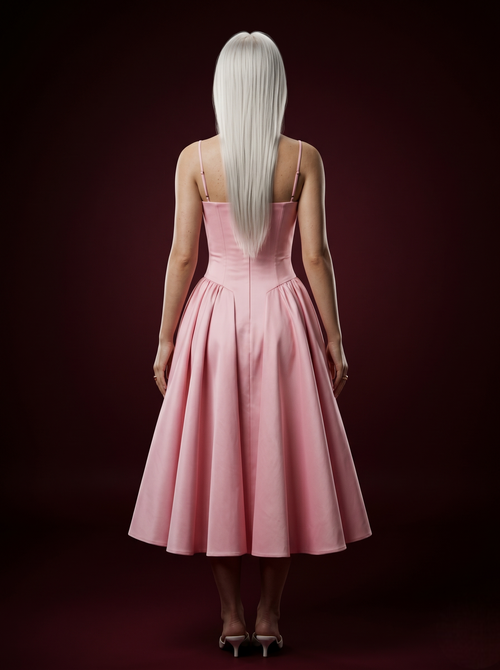 Baby Pink Strapless Corset Bustier Flared Midi Dress