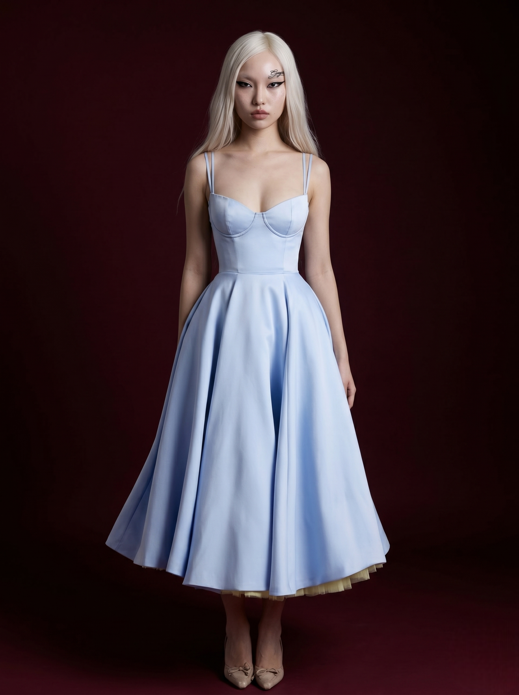 Baby Blue Double Strap Corset Bustier Tulle Midi Dress