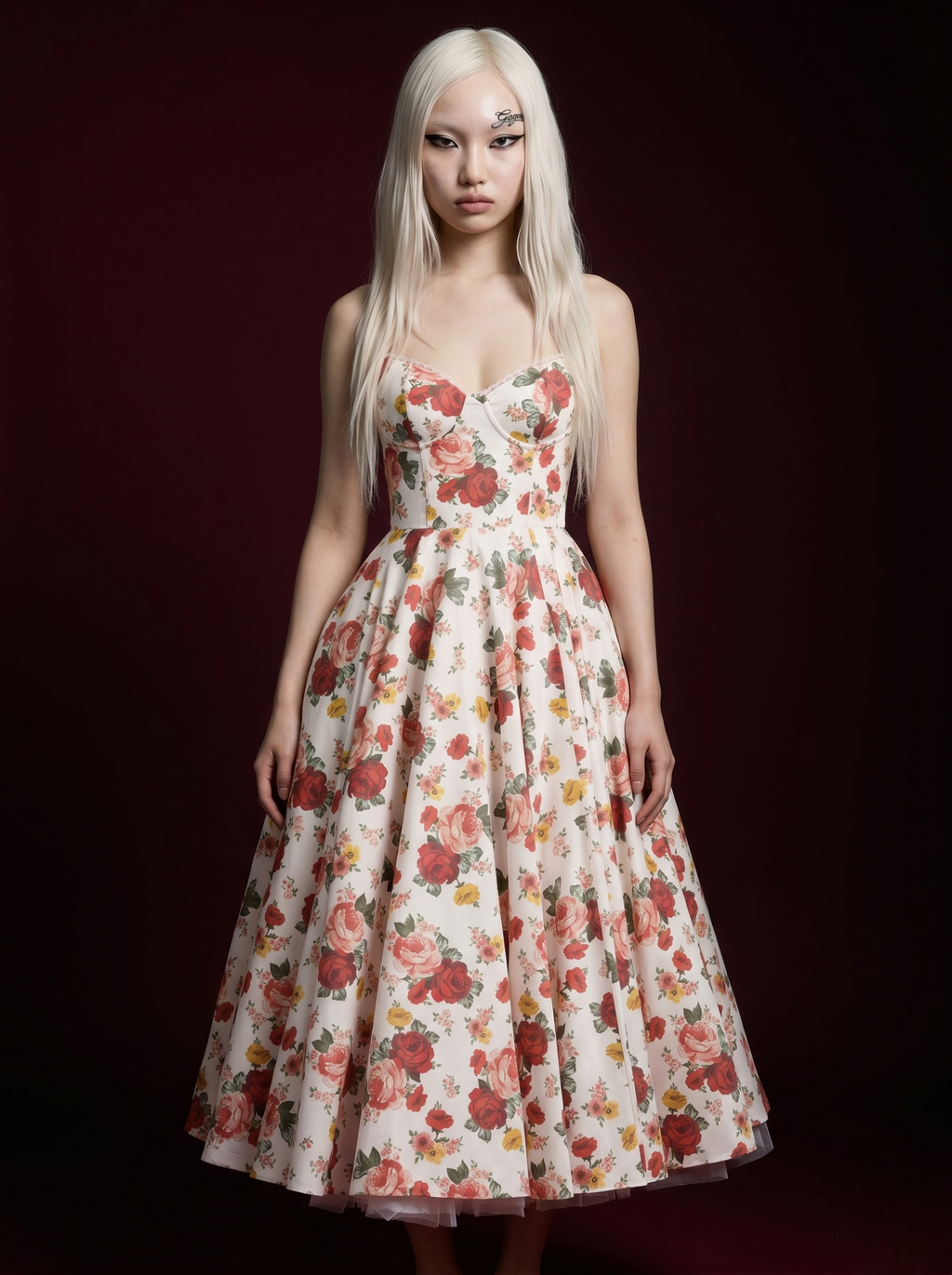 White Red Rose Print Double Strap Corset Bustier Tulle Midi Dress