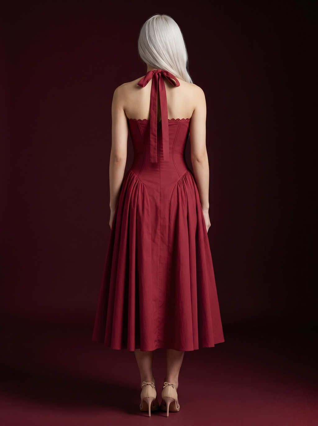 Burgundy Halter Corset Bow-Tie Flared Midi Dress