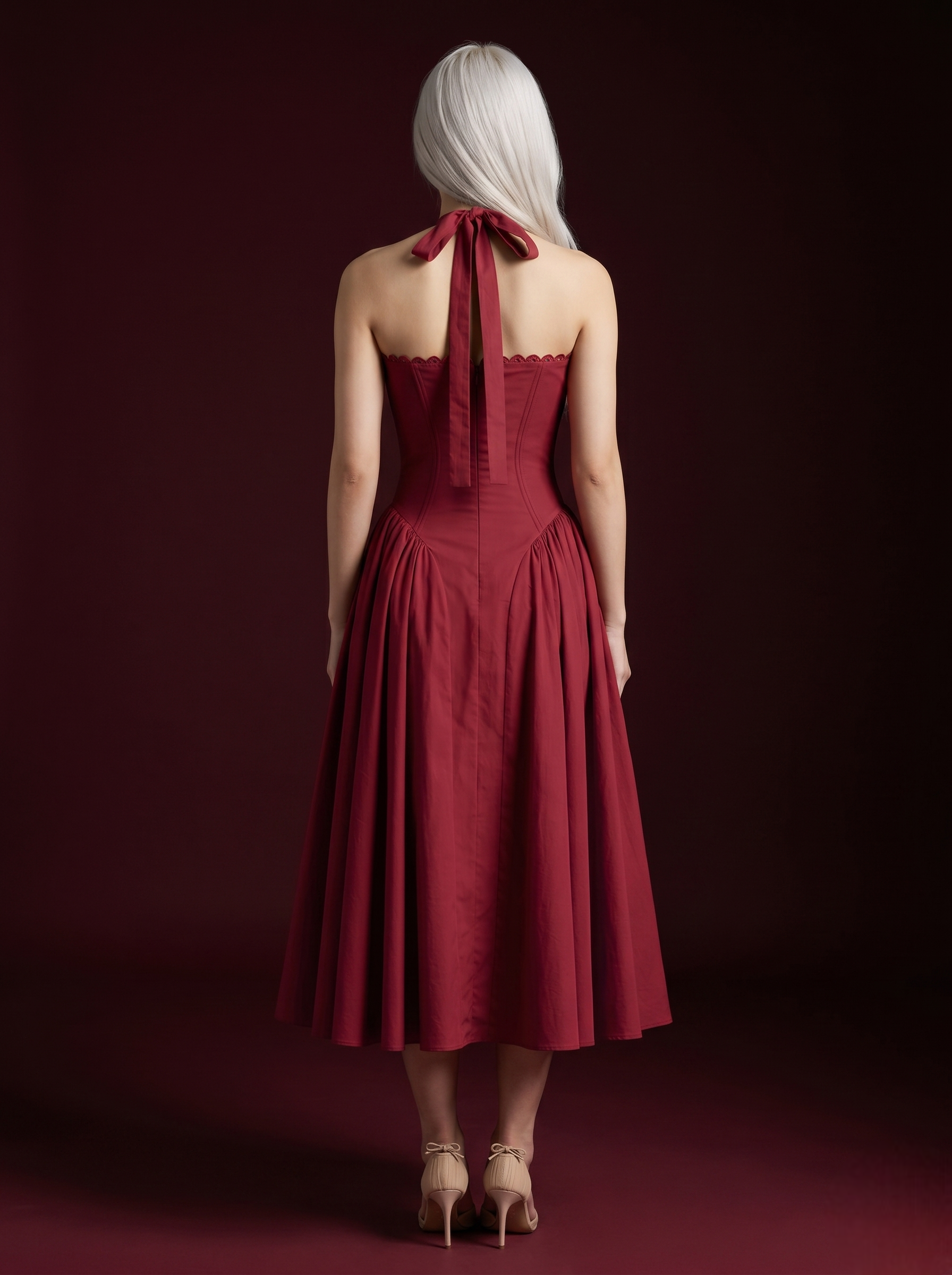 Burgundy Halter Corset Bow-Tie Flared Midi Dress