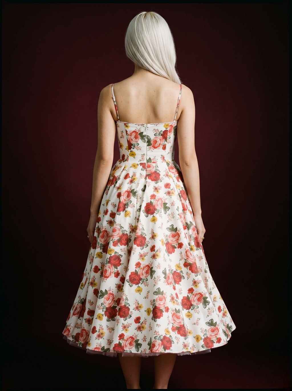 White Red Rose Print Double Strap Corset Bustier Tulle Midi Dress