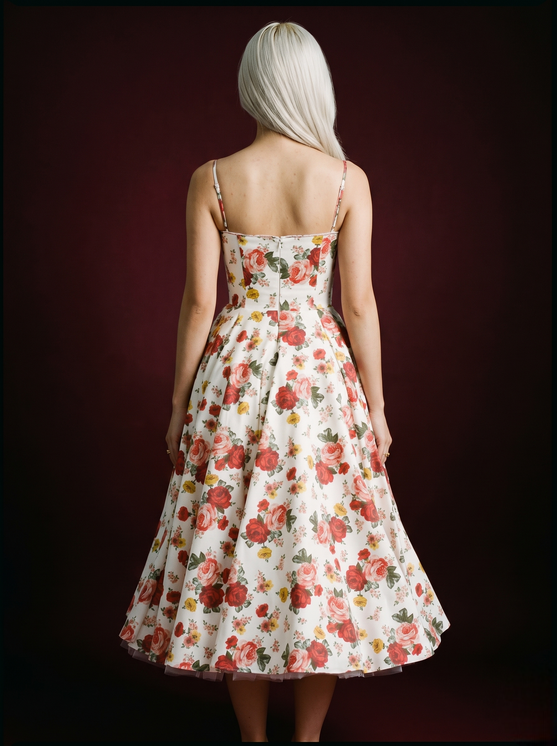 White Red Rose Print Double Strap Corset Bustier Tulle Midi Dress
