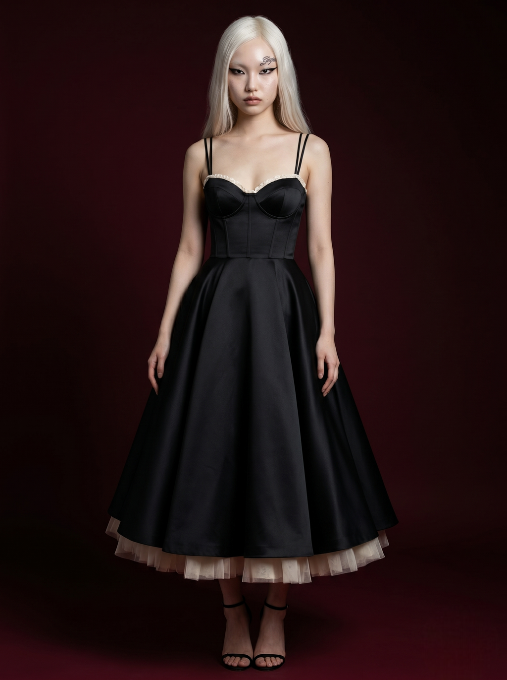 Black Pearl-Trim Double Strap Corset Bustier Tulle Hem Midi Dress