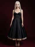 Black Pearl-Trim Double Strap Corset Bustier Tulle Hem Midi Dress