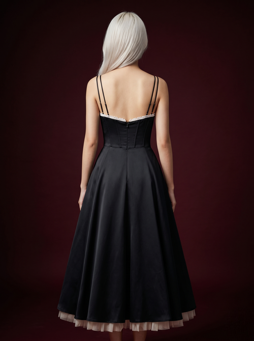 Black Pearl-Trim Double Strap Corset Bustier Tulle Hem Midi Dress