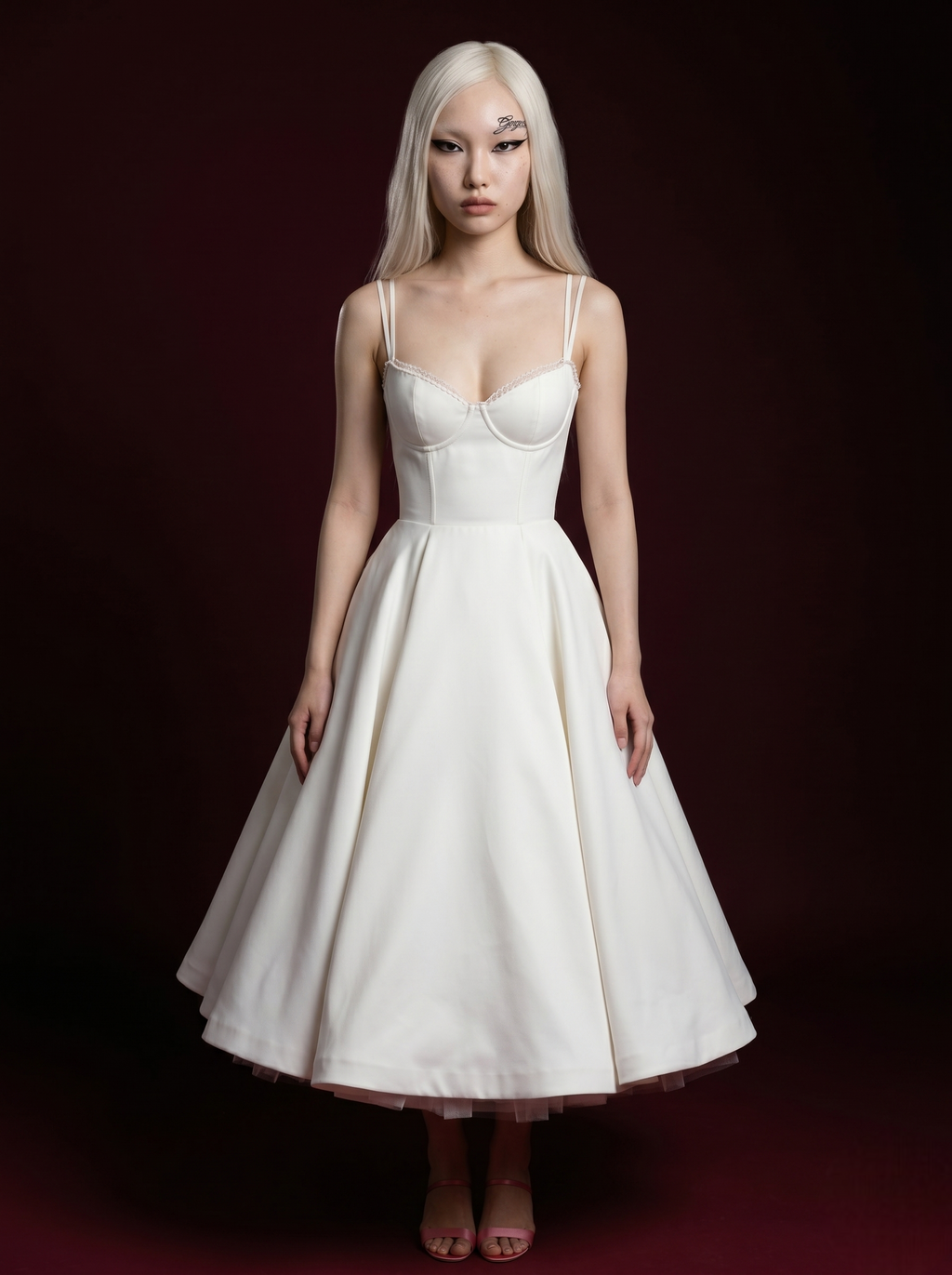Ivory Lace-Trim Double Strap Corset Bustier Tulle Midi Dress