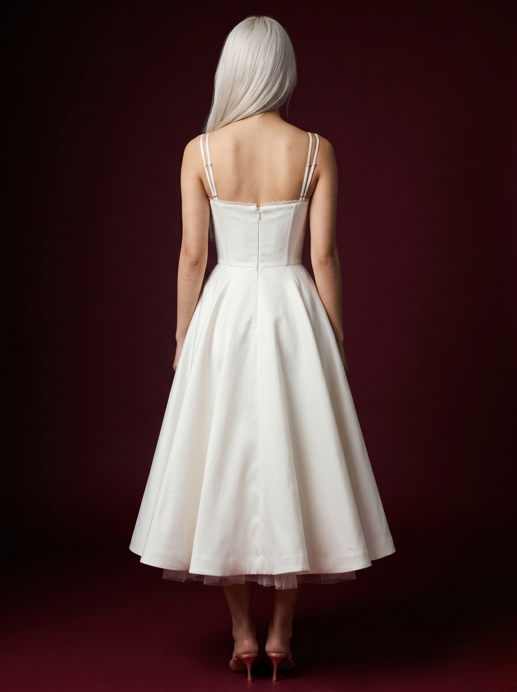 Ivory Lace-Trim Double Strap Corset Bustier Tulle Midi Dress