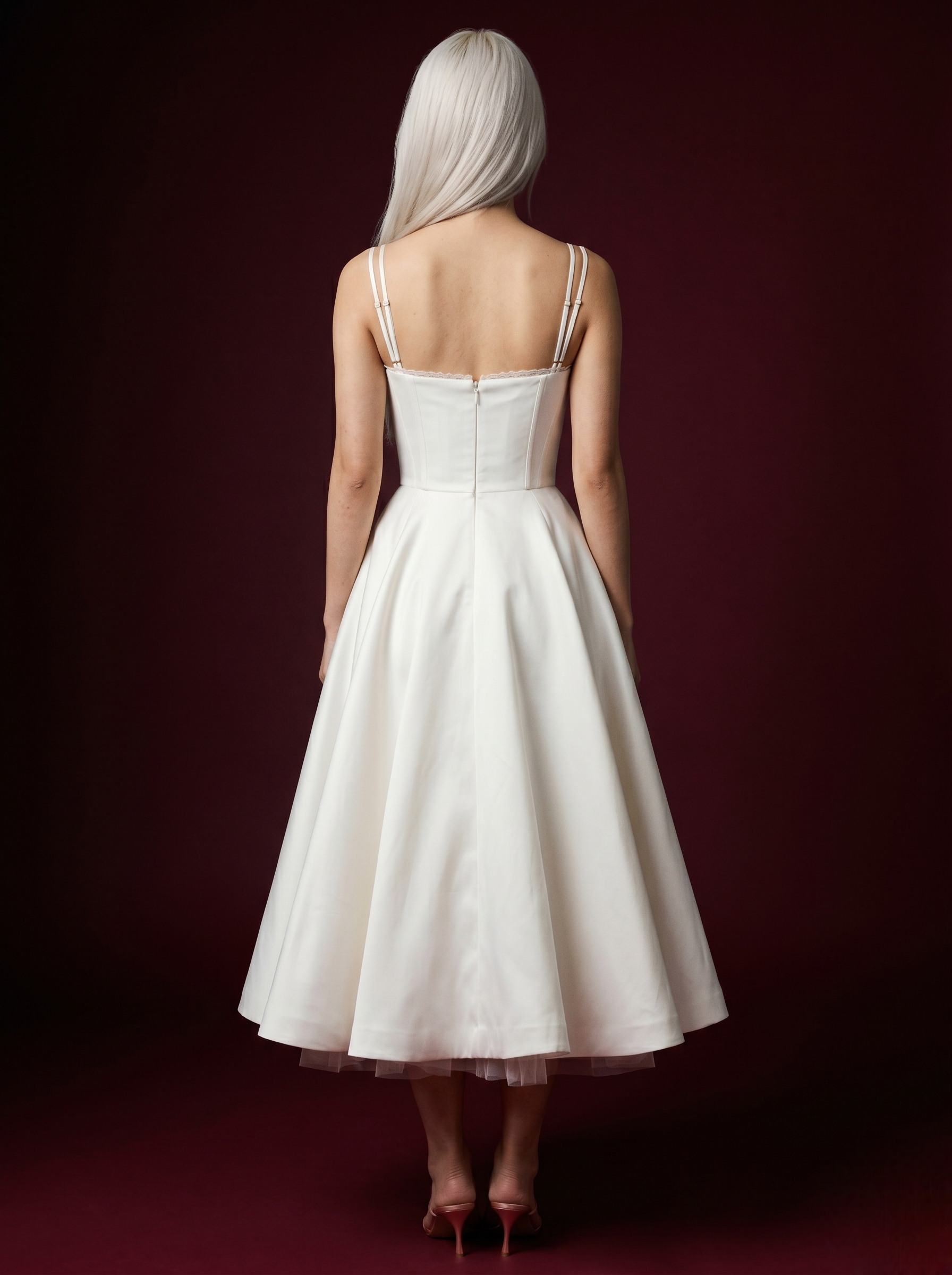 Ivory Lace-Trim Double Strap Corset Bustier Tulle Midi Dress