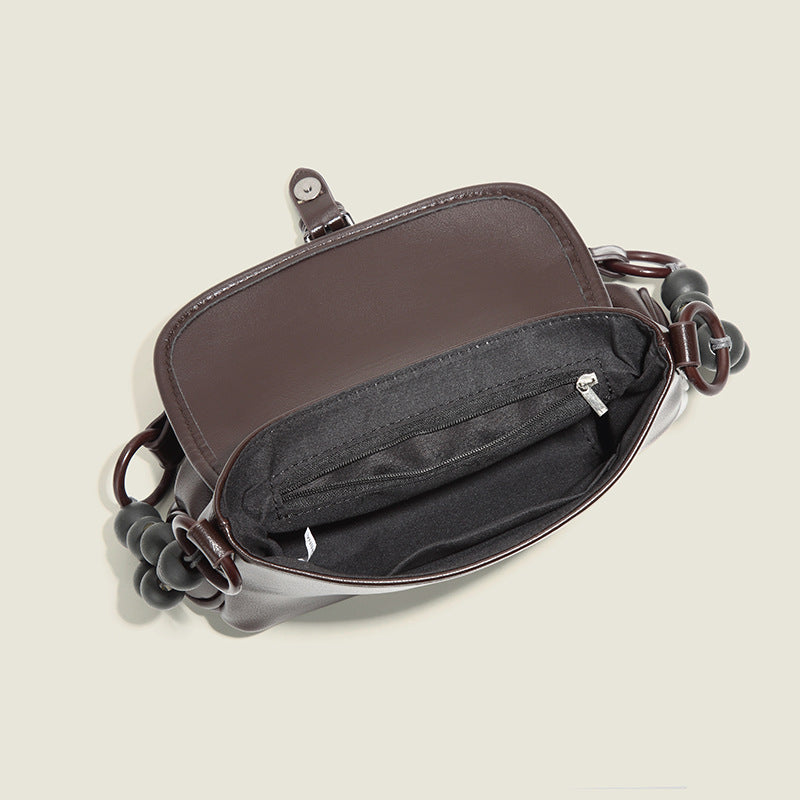 Dark Brown Camo Jacquard Flap Shoulder Bag with Logo Clasp & Beaded Strap