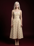 Yellow Ditsy Floral Halter Corset Lace-Trim Midi Dress