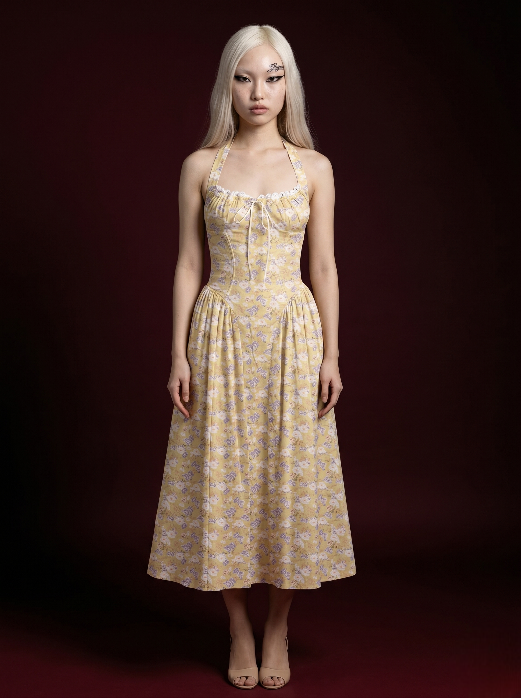 Yellow Ditsy Floral Halter Corset Lace-Trim Midi Dress