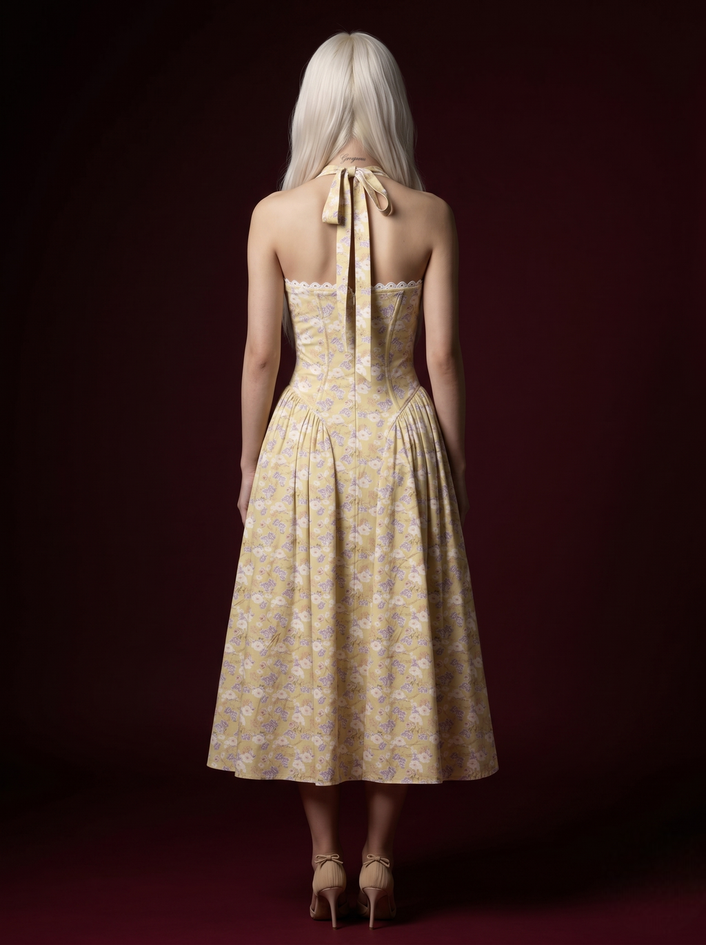 Yellow Ditsy Floral Halter Corset Lace-Trim Midi Dress