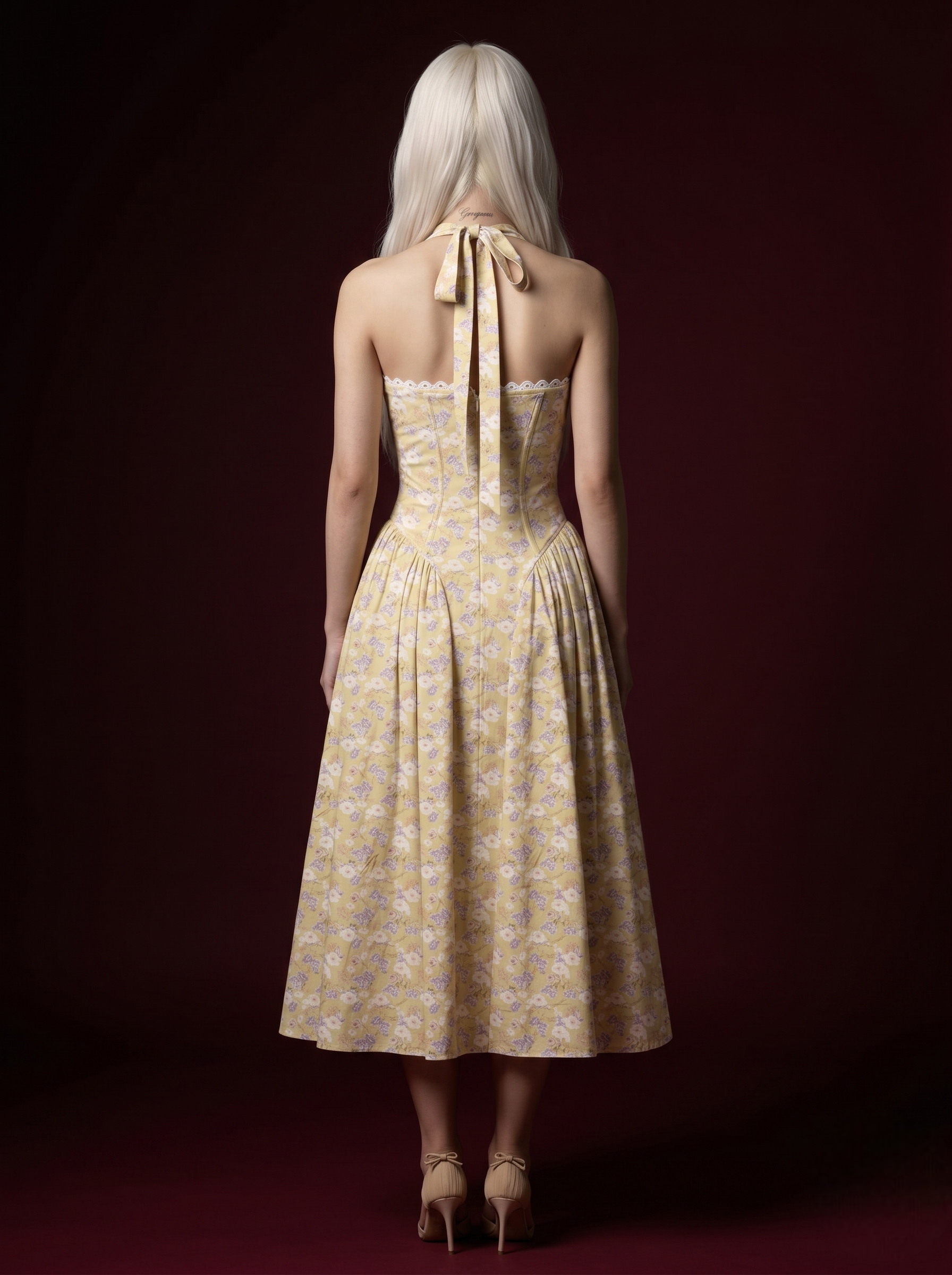 Yellow Ditsy Floral Halter Corset Lace-Trim Midi Dress