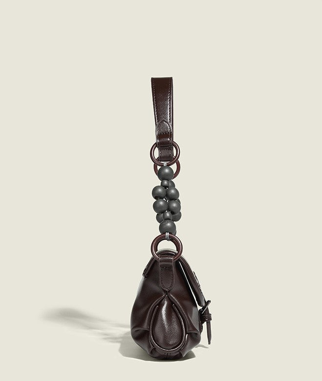 Dark Brown Camo Jacquard Flap Shoulder Bag with Logo Clasp & Beaded Strap