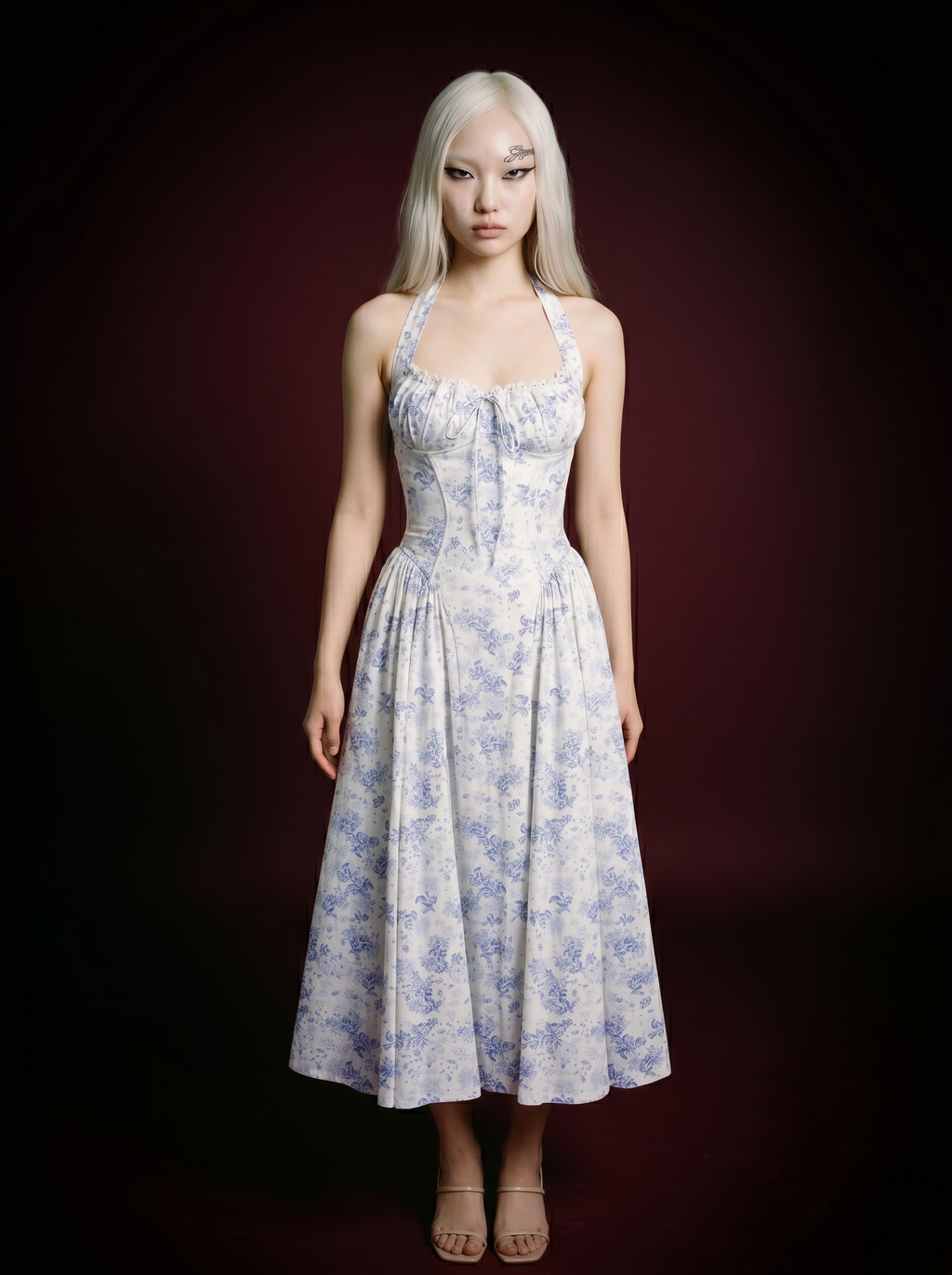 White Blue Toile Floral Halter Corset Midi Dress