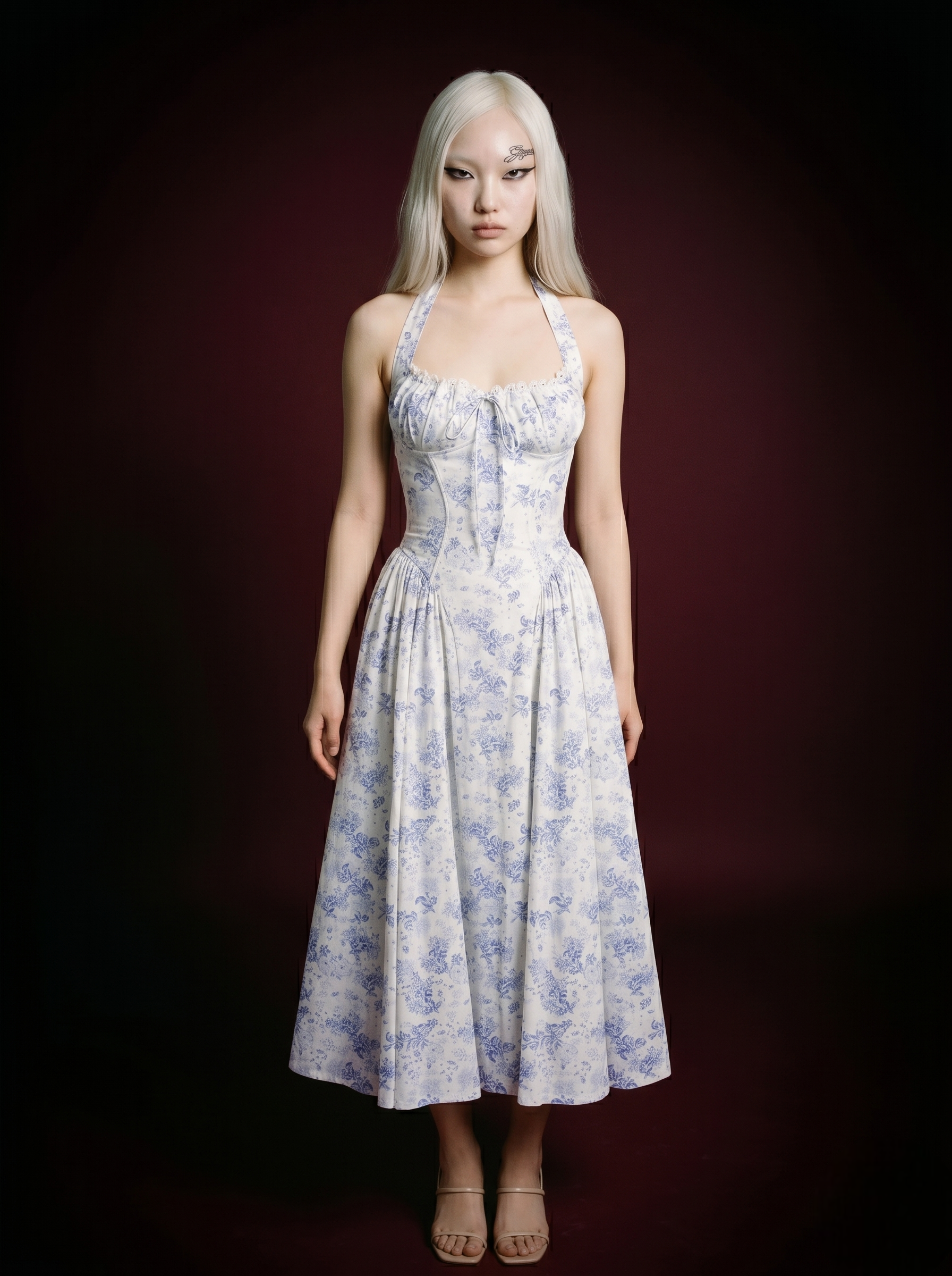 White Blue Toile Floral Halter Corset Midi Dress