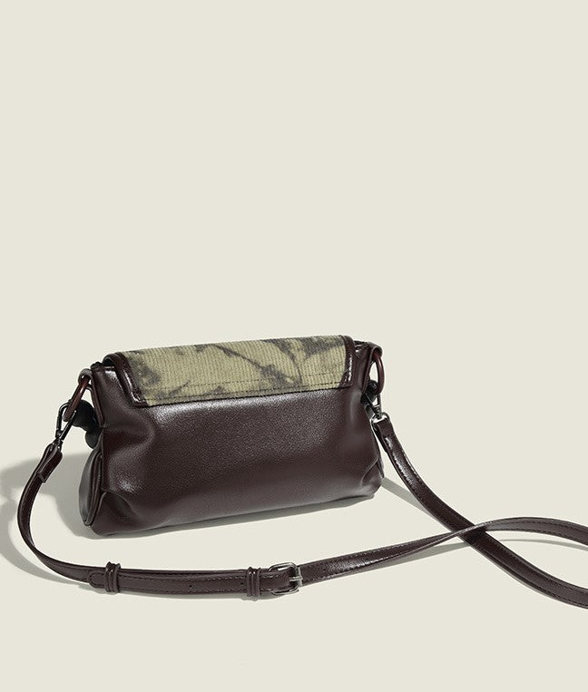 Dark Brown Camo Jacquard Flap Shoulder Bag with Logo Clasp & Beaded Strap