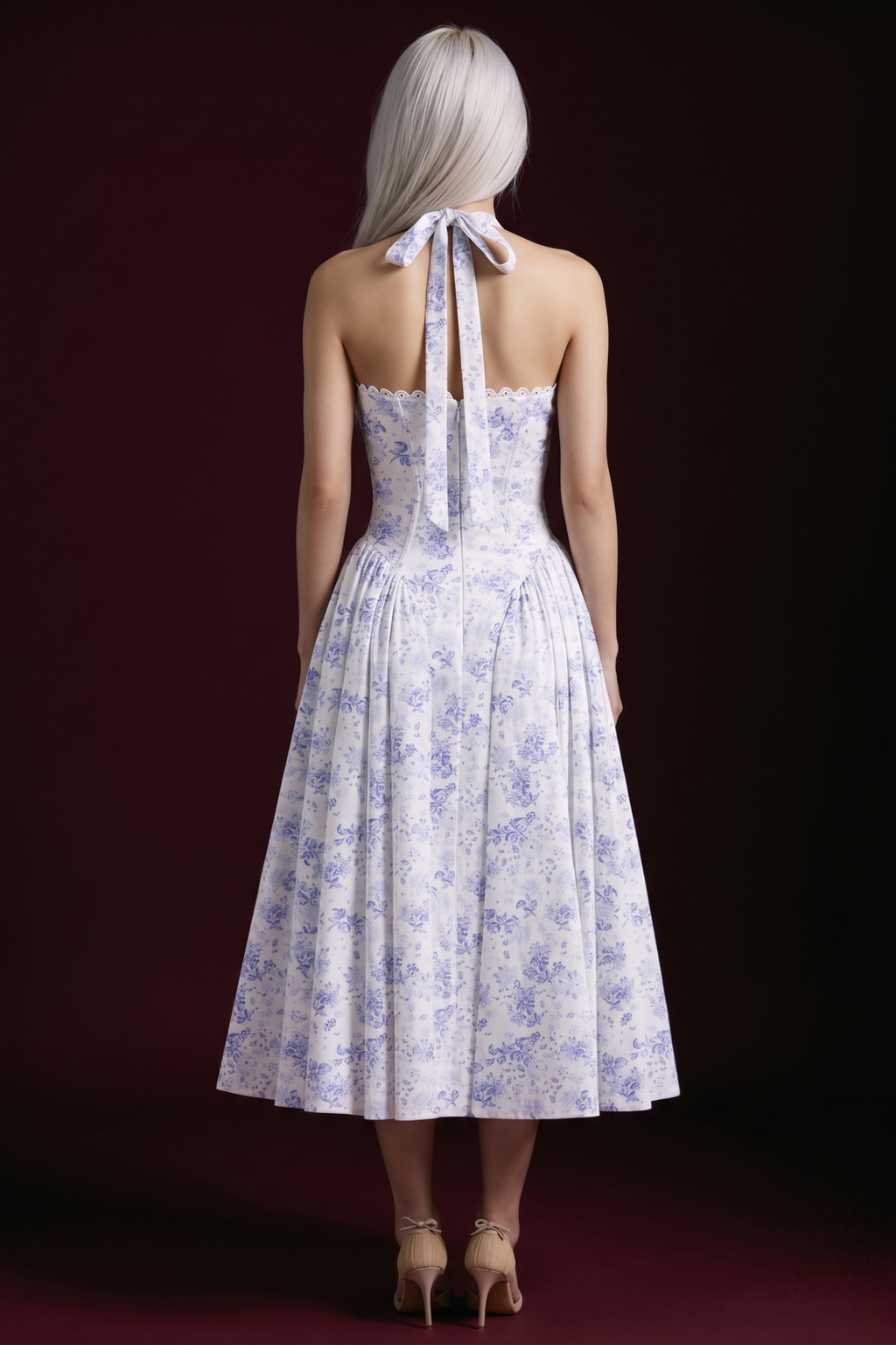 White Blue Toile Floral Halter Corset Midi Dress