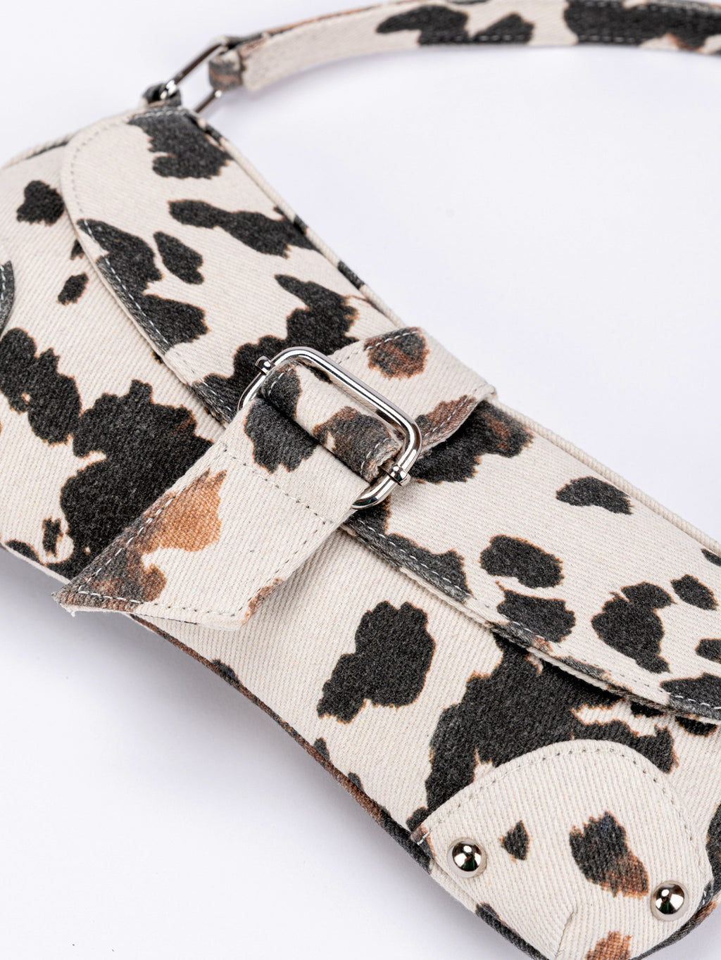 White & Black Cow Print Mini Flap Crossbody Bag with Snake Print Strap & Silver Studs
