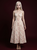 Cream Pink Rose Floral Halter Corset Lace-Trim Midi Dress
