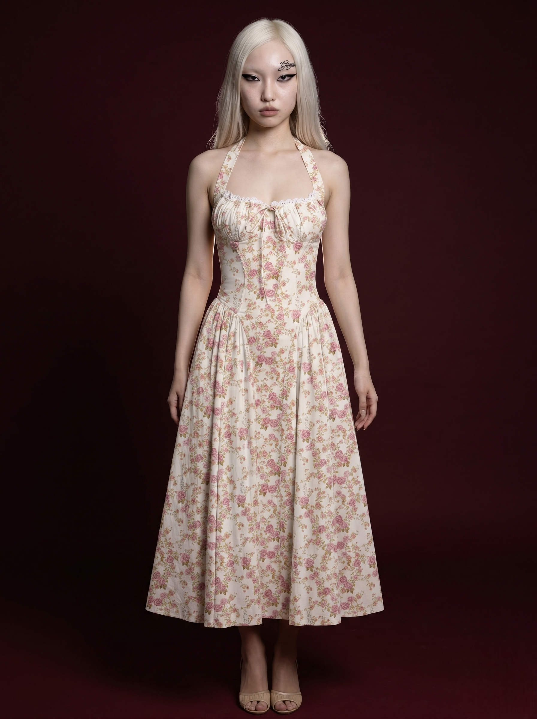 Cream Pink Rose Floral Halter Corset Lace-Trim Midi Dress