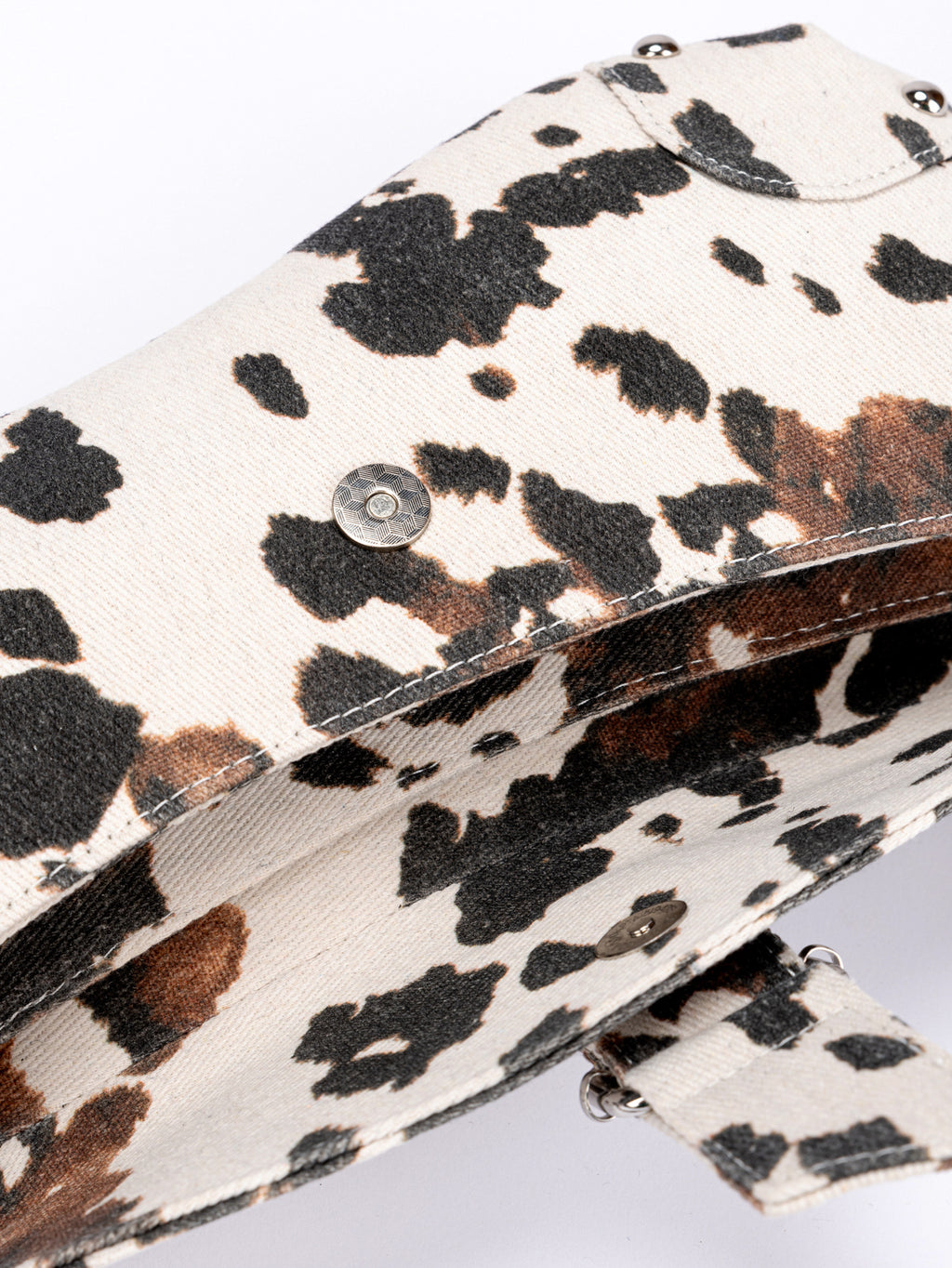 White & Black Cow Print Mini Flap Crossbody Bag with Snake Print Strap & Silver Studs